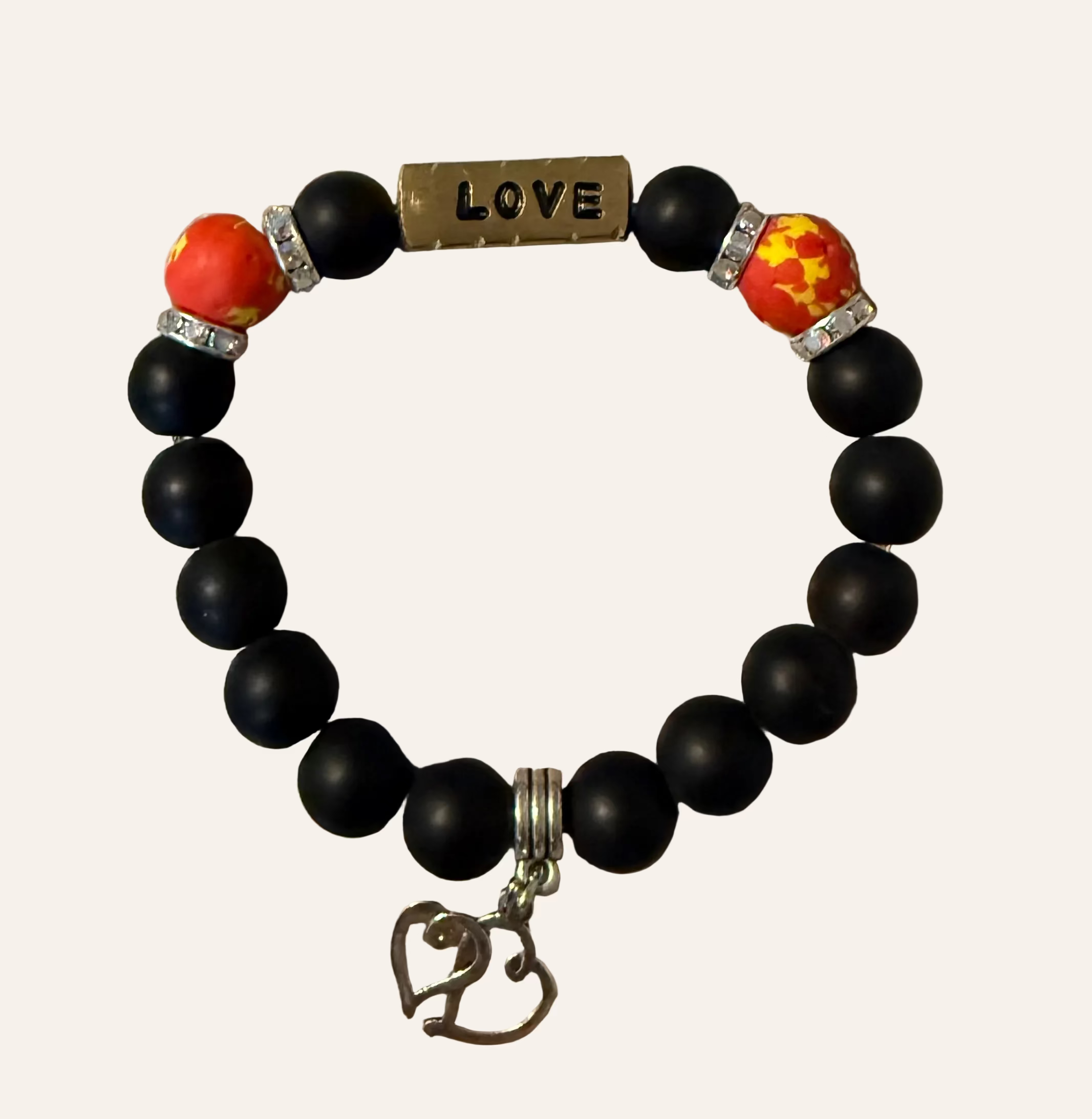 Matte Black ~LOVE~ Beaded Bracelet with Burnt Orange Accents